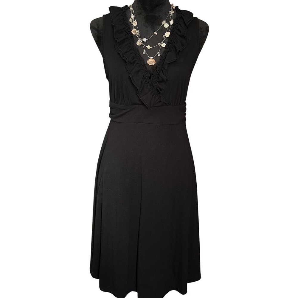 INC Black Sleeveless Ruffle V-Neck Dress Womens Size L Polyester Blend Knee Leng